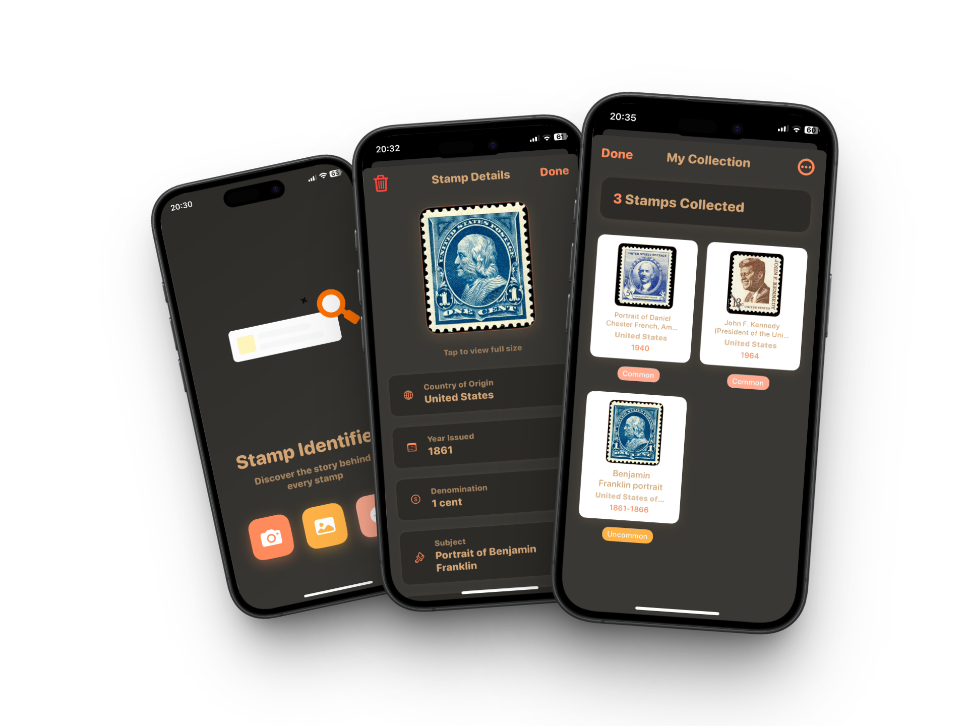 StampSnap app interface showing stamp scanning, identification, and collection features