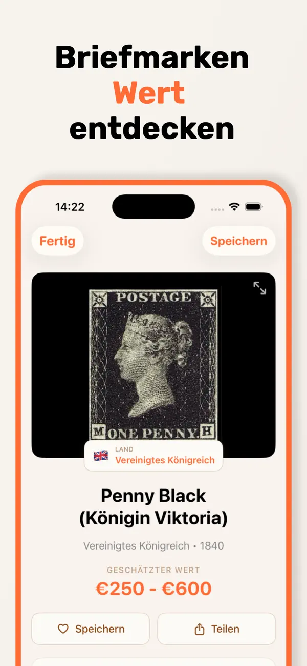 StampSnap zeigt eine vorgeschlagene Ausgabe und einen geschätzten Briefmarkenwert