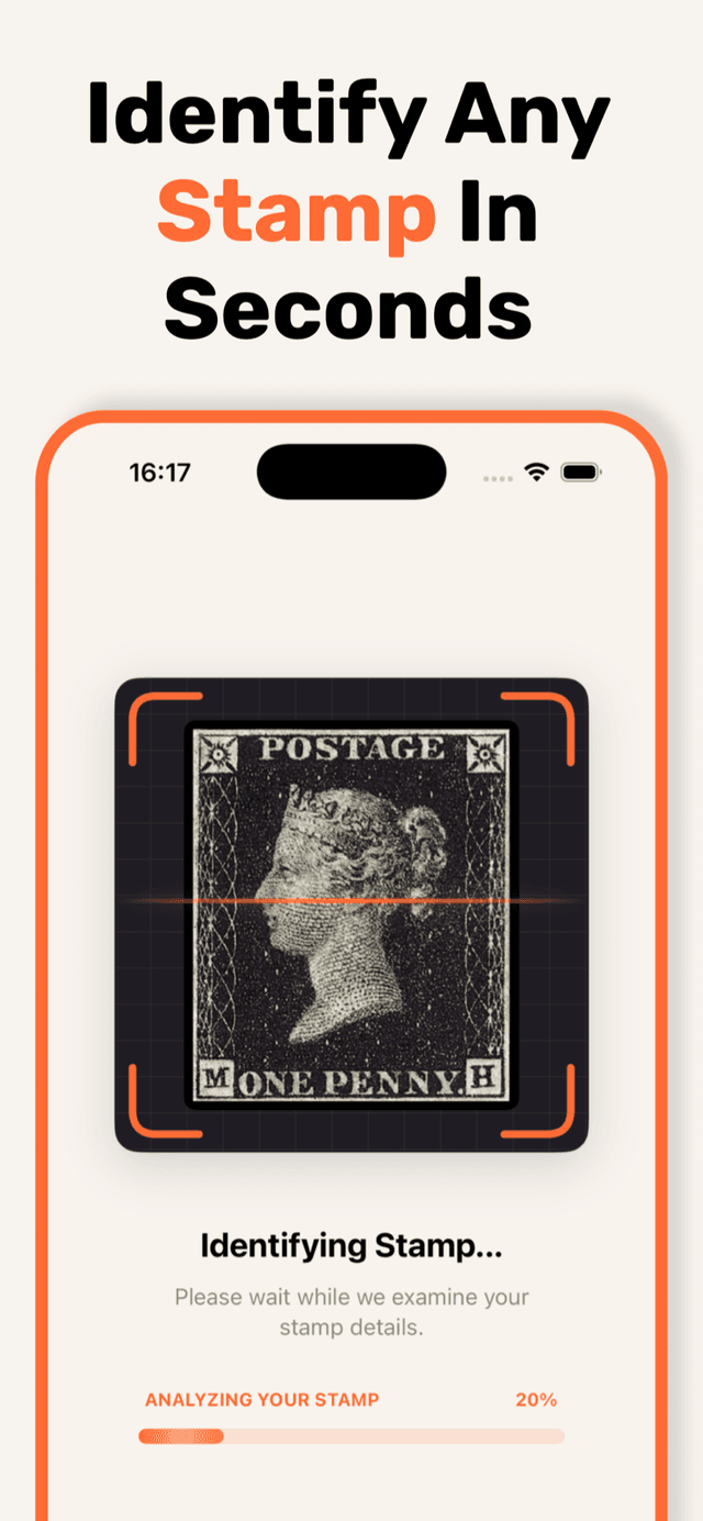 StampSnap identifying a Penny Black stamp in seconds with scan progress shown on screen