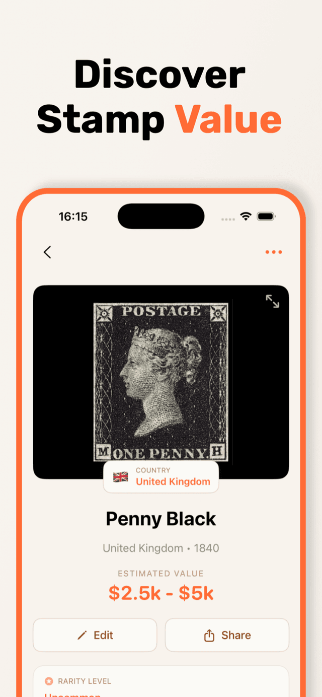 StampSnap app showing a Penny Black identification result with year 1840, rarity level, and an estimated value of $2.5k to $5k