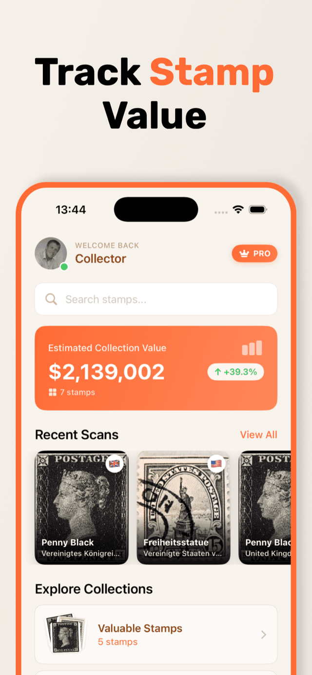 StampSnap home screen tracking estimated collection value with recent stamp scans