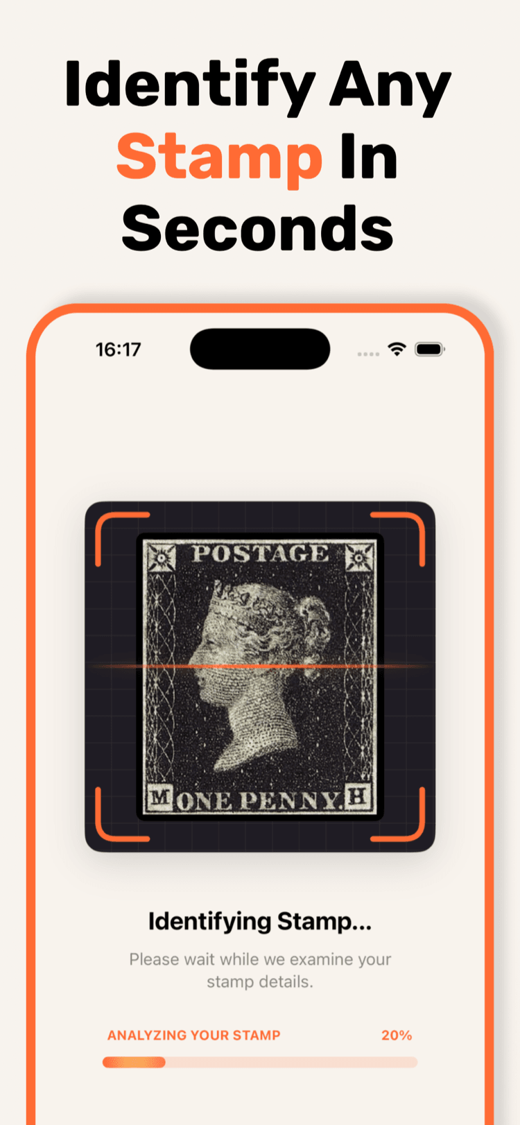 Step 2: StampSnap AI identifying a Penny Black stamp in seconds