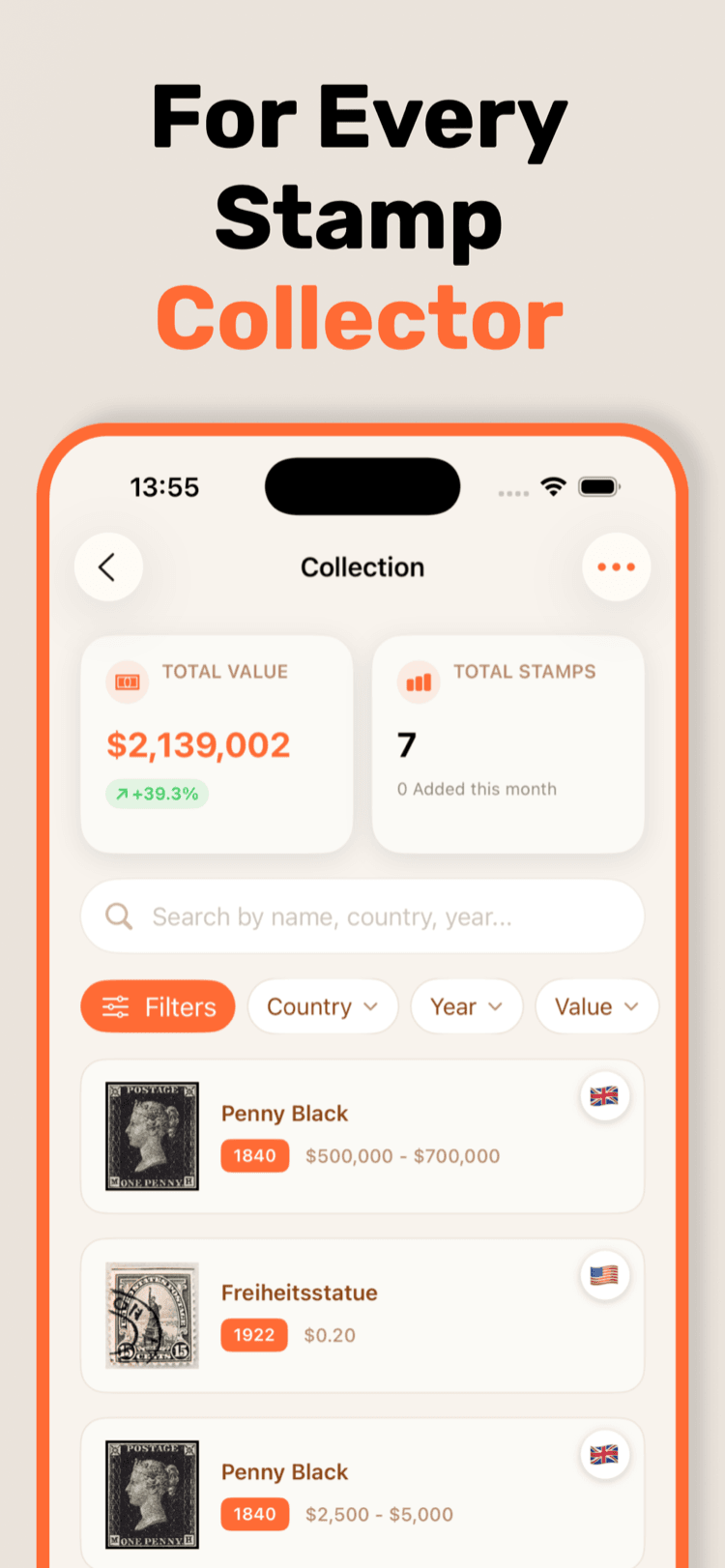 StampSnap collection list showing identified stamps with year and estimated value per stamp