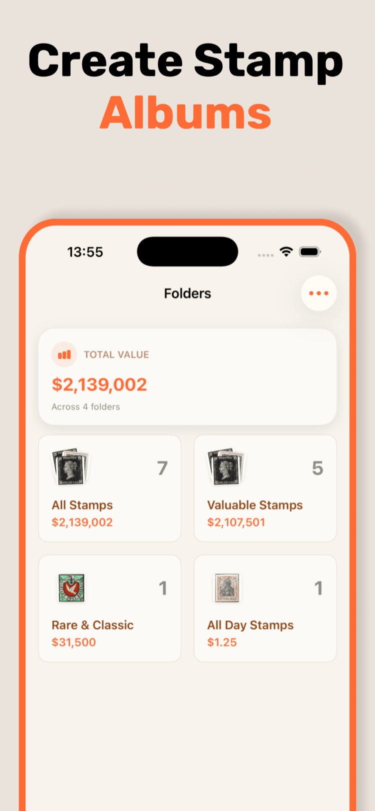 StampSnap stamp albums screen with custom folders and total value per album