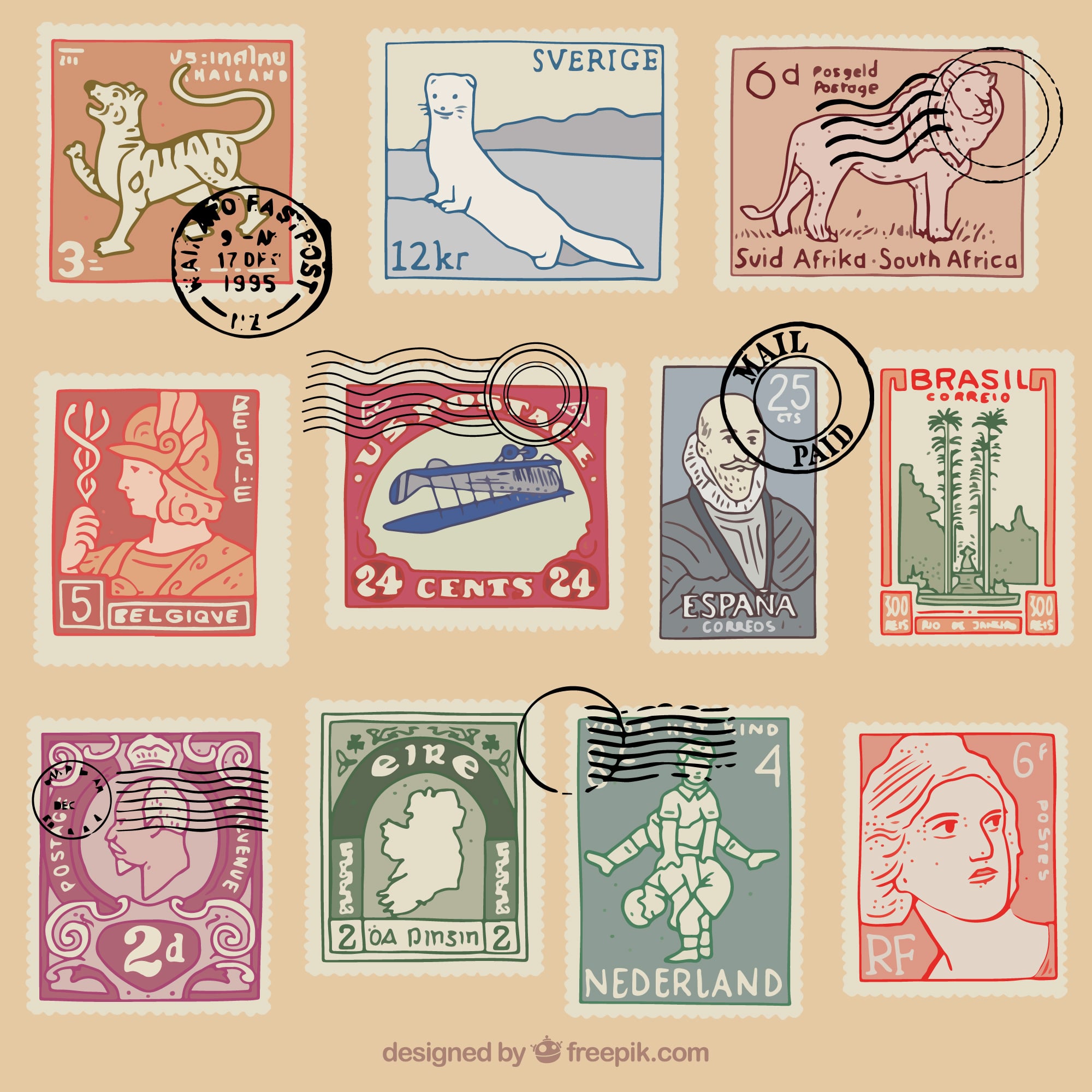 Collection of vintage stamps that can be identified with the StampSnap app