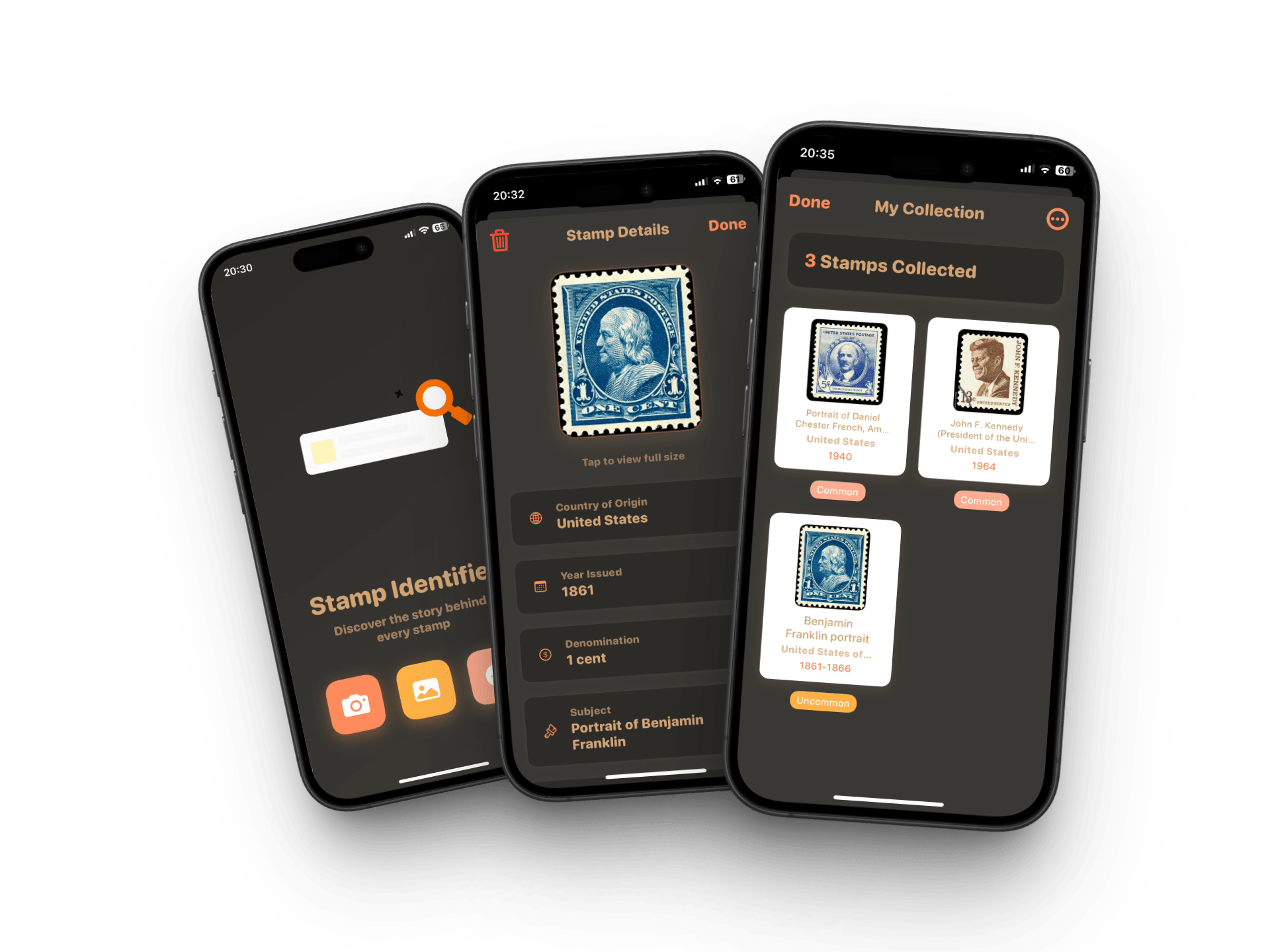 StampSnap app interface showing stamp scanning, identification, and collection features