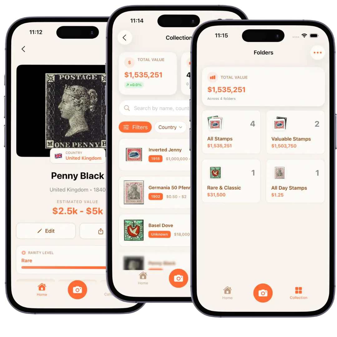 StampSnap app interface showing stamp identification, collection management, and folder organization