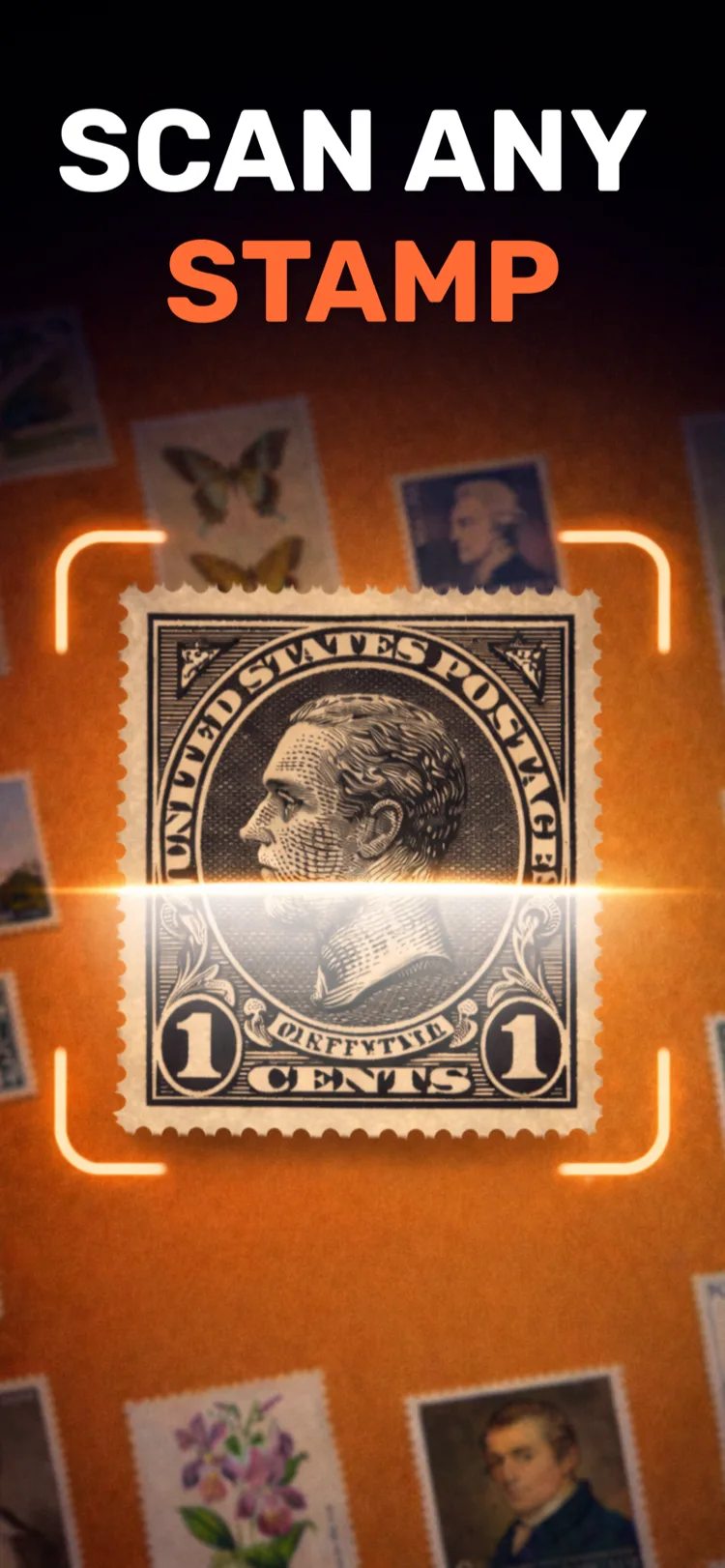 App Store screenshot showing StampSnap scanning a one cent United States stamp