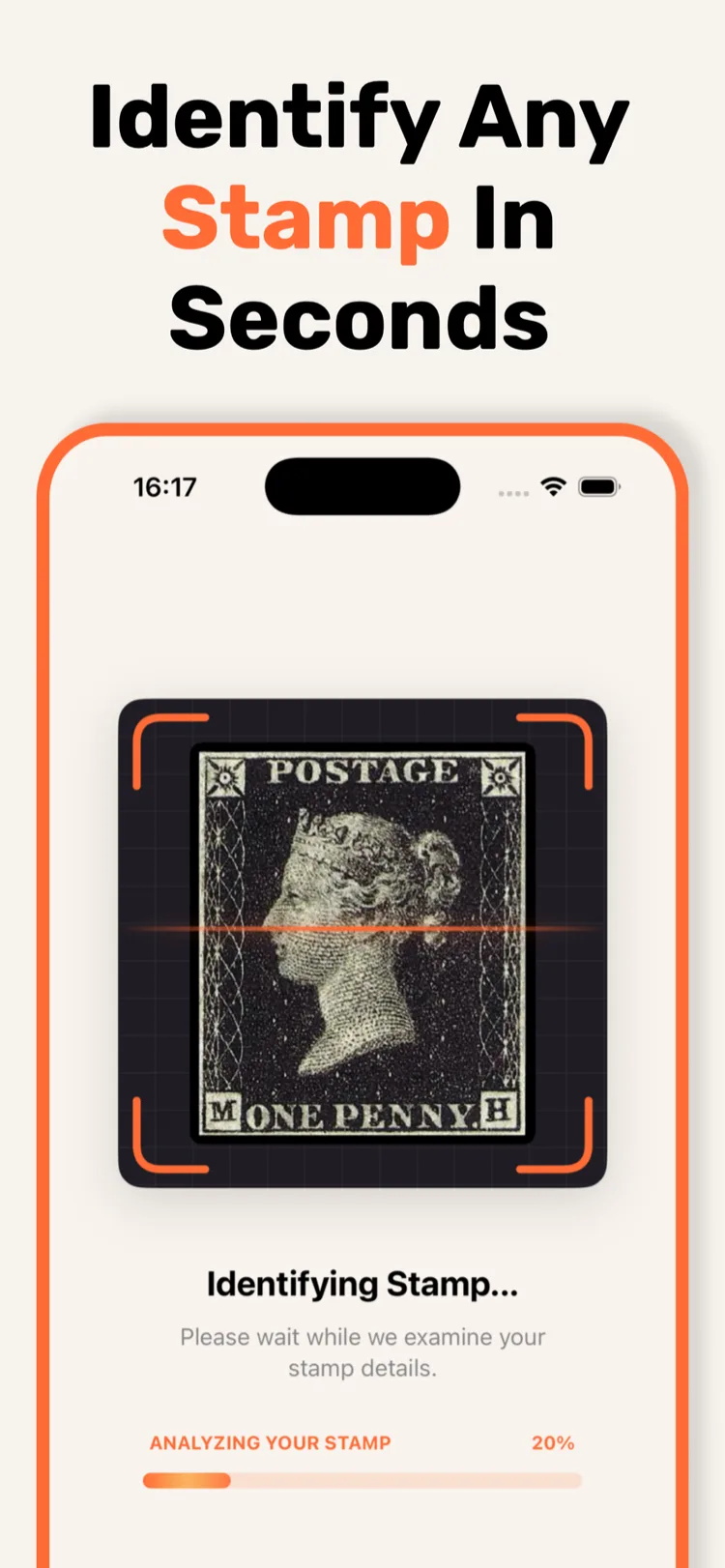 App Store screenshot showing StampSnap identifying a Penny Black