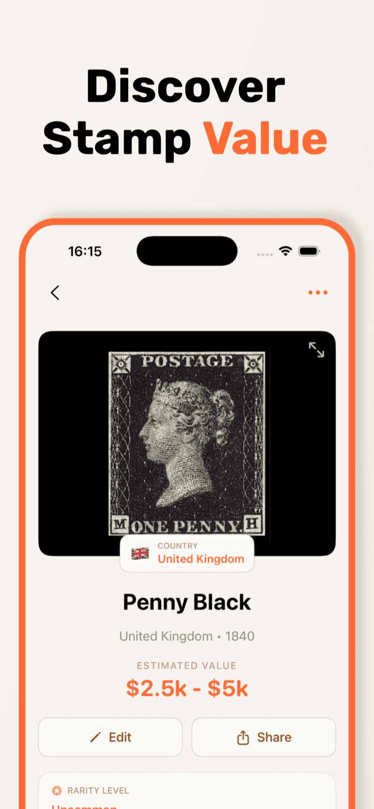 StampSnap identification result showing a stamp's country, year, rarity and estimated value