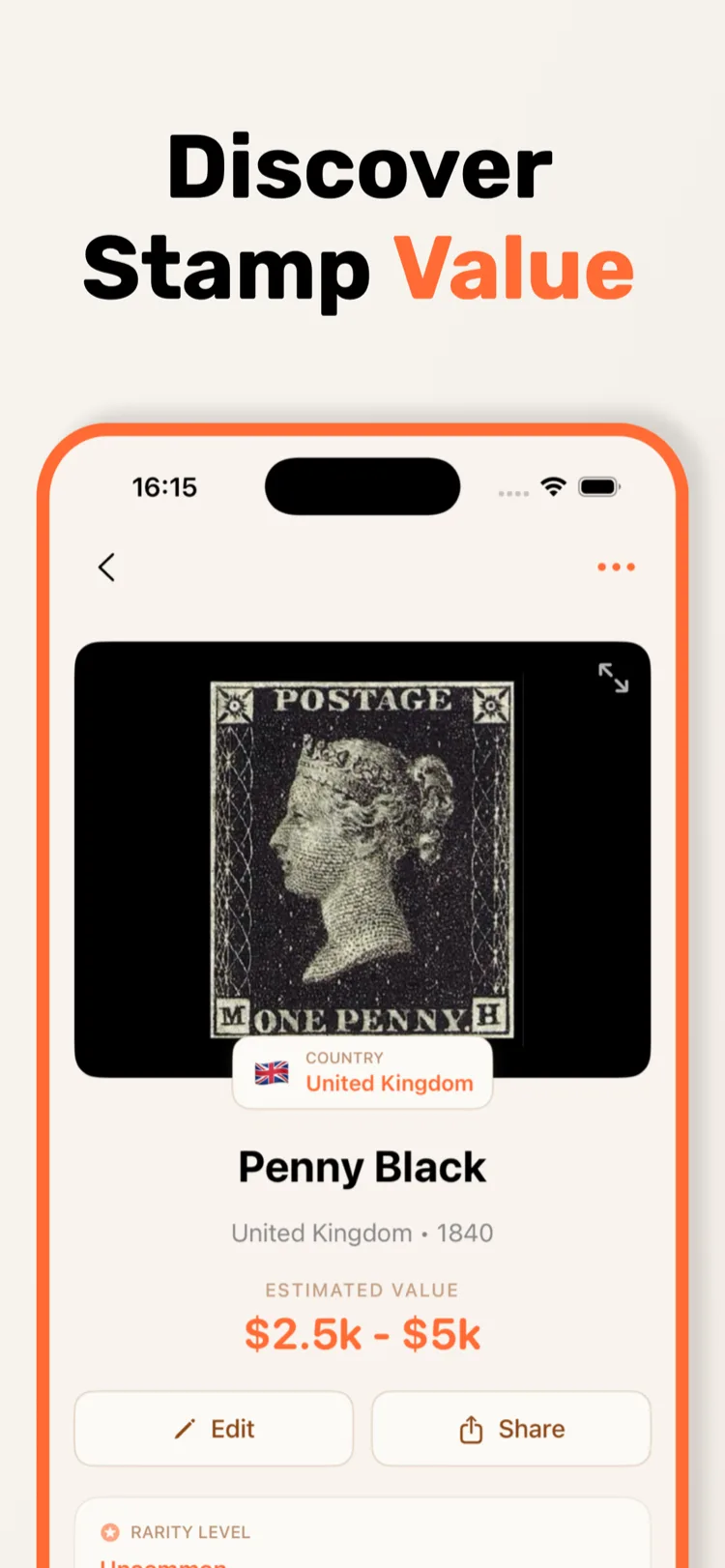 Current App Store screenshot showing a StampSnap identification result and value estimate